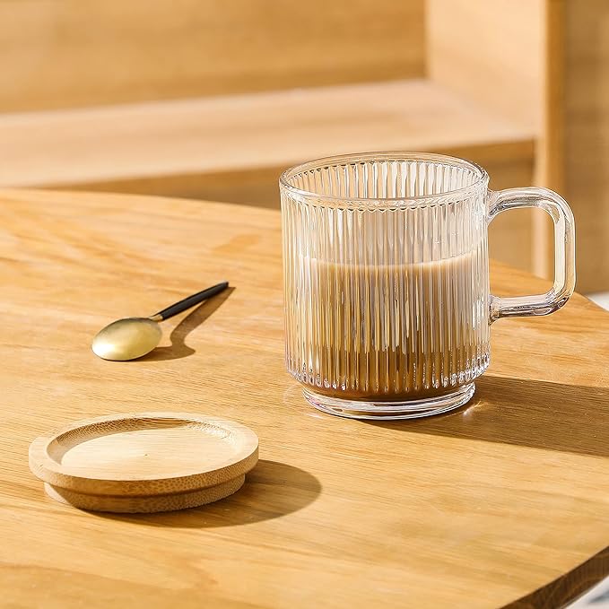 Lysenn Iridescent Glass Coffee Mug with Lid - Premium Classical Vertical Stripes Glass Tea Cup - for |Latte|Tea|Chocolate|Juice|Water| - Unleaded - Bamboo Lid - 12.5 Ounces