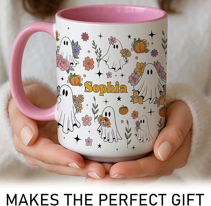 Personalized Halloween Ghost Mug Cute Floral Spooky Cup Halloween-Birthday Gift For Girls From Friends-Coworkers Name Printed Adorable Ghosts With Flowers Ceramic Coffee Mug