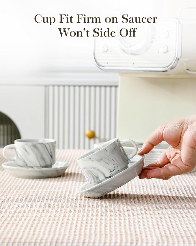 MALACASA 4 OZ Porcelain Espresso Cups with Saucers and Metal Stand Set of 4, Stackable Cappuccino Cups, Marble Gray Expresso Shots Cup Set for Coffee Drinks, Latte, Tea