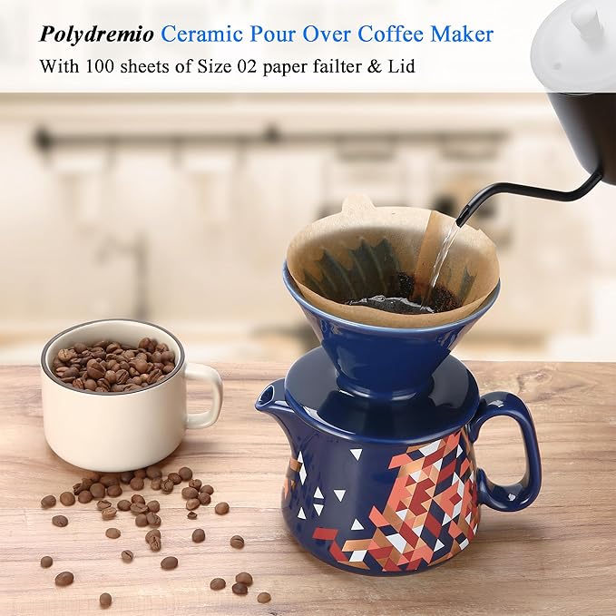 Pour Over Coffee Maker, Ceramic Coffee dripper with 100 pcs V60 Paper Filter, Ceramic coffee Server with Lid, 15.5oz/450 ml, Suitable for 1-2 people (Blue)