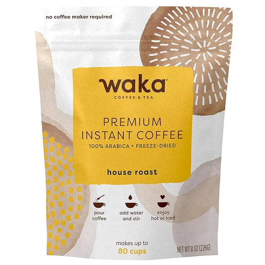 Waka Premium Instant Coffee Pouches — 100% Arabica Freeze Dried Beans — For Hot or Iced Coffee (8 Ounces, House Roast)