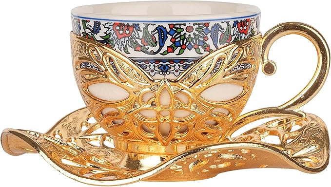 Alisveristime Turkish Coffee Set for Six, 6 Topkapi Design Porcelain Cups with Zamac Holders and Saucers, Two Color Variations: Gold and Silver (Topkapi-Design) (Gold)