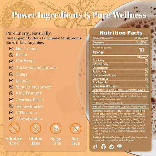 SUNDAFONE Mushroom Coffee with L-Theanine, Ashwagandha,Lion's Mane, Reishi and 10 Adaptogenic Mushrooms; Super Instant Cold Brew Protein Iced Coffee Blend; 0g of Sugar, Low Caffeine, 30 Servings
