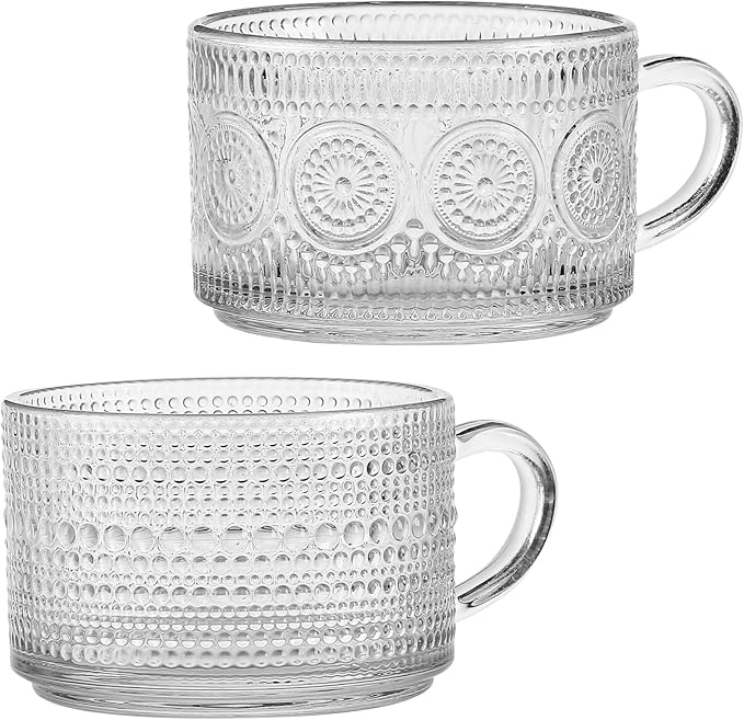Bandesun Vintage Glass Coffee Mugs Tea Cups, 14 Oz Set of 2 - Stackable Embossed, Glassware with Handle, for Cappuccino, Latte, Cereal, Yogurt, Beverage Hot/Cold, Milk