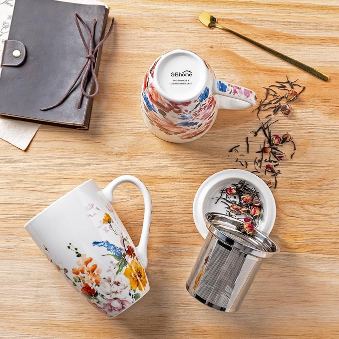 GBHOME Tea Mug with Infuser and Lid, 18 Ounce Large Ceramic Loose Leaf Tea Cup, Microwave, Dishwasher Safe Tea Steeping Mug, Pefect Gift For Tea Lover.