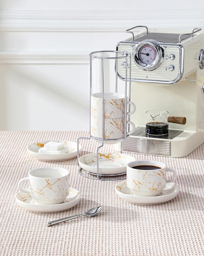 MALACASA 8 OZ Porcelain Espresso Cups with Saucers and Metal Stand Set of 4, Stackable Cappuccino Cups, Marble White Expresso Shots Cup Set for Coffee Drinks, Latte, Tea