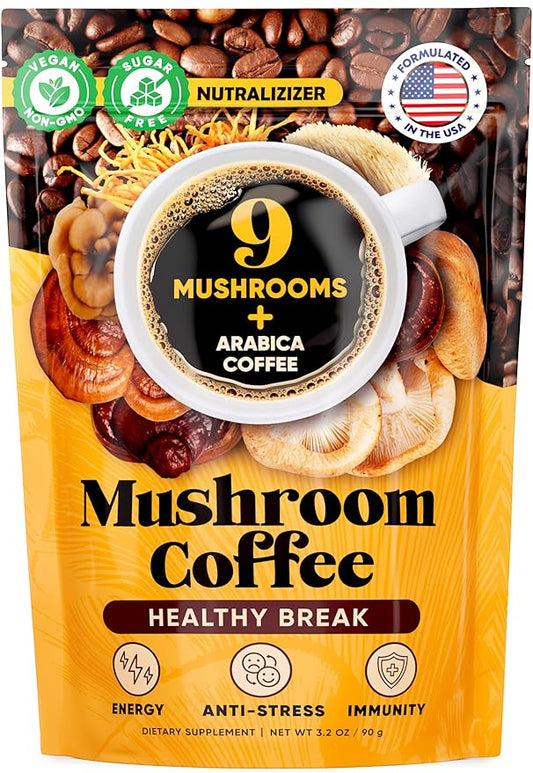 Mushroom Coffee – 10 in 1 Instant Coffee Organic Arabica - Cafe de Hongos w/Lion’s Mane, Turkey Tail, Chaga – Focus, Gut Health, Weight & Immune Support – Low Caffeine, Sugar-Free, Gluten Free 90g (Natural Pack of 1)