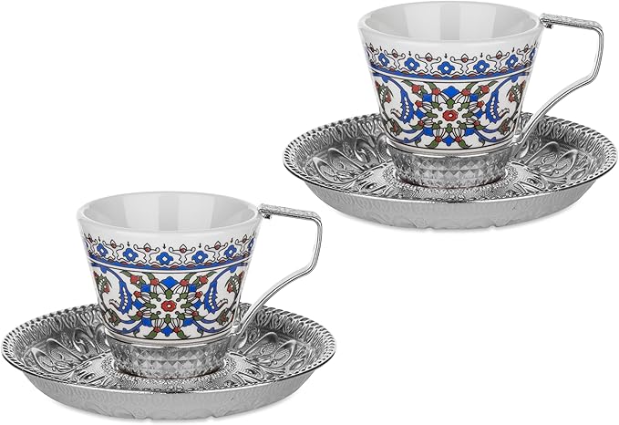 Alisveristime 2-Piece Turkish Coffee Cup Set with Zamac Saucers – Topkapi Pattern Porcelain Cups, Ottoman Style with 2 Color Options (Silver)