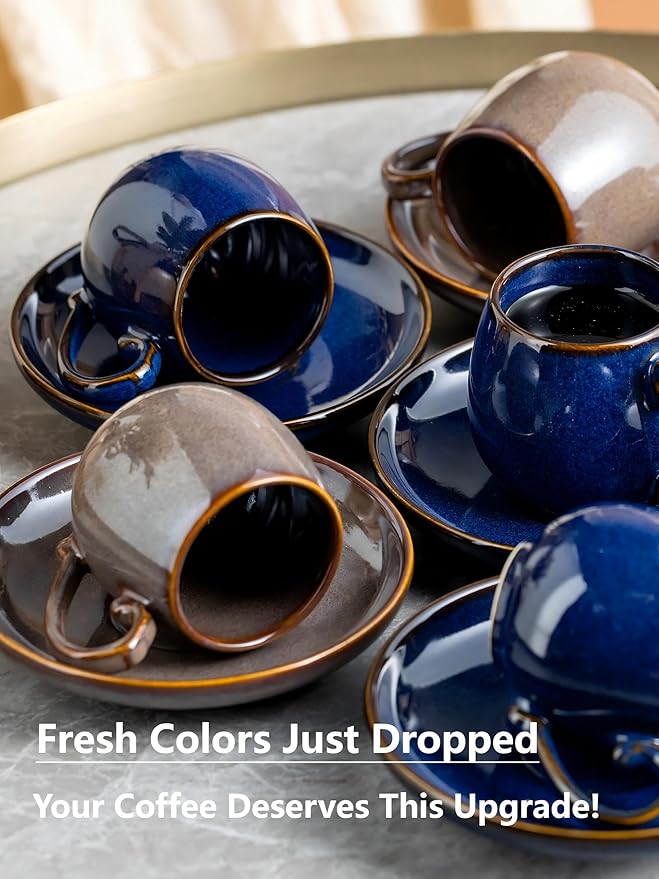LYEOBOH 3 Ounce Espresso Cups Set of 6, Ceramic Small Coffee Cups with Saucers, Cute Demitasse Cups and Metal Stand with Spoons for Great Gift, Mini Cafe Cup for Espresso, Mocha, Tea - Cobalt Blue