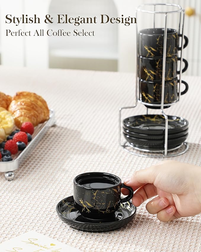 MALACASA 2.5 OZ Porcelain Espresso Cups with Saucers and Metal Stand Set of 4, Stackable Cappuccino Cups, Marble Black Expresso Shots Cup Set for Coffee Drinks, Latte, Tea