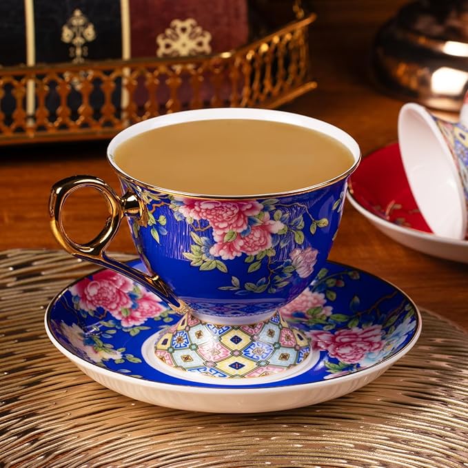 KAMMAK Tea Cups and Saucers Set of 2, Porcelain Coffee Cup with Saucer for Espresso, Cappuccino, 9.8oz Vintage Yellow Floral Ceramic Demitasse Mug for Home, Tea Party, Office