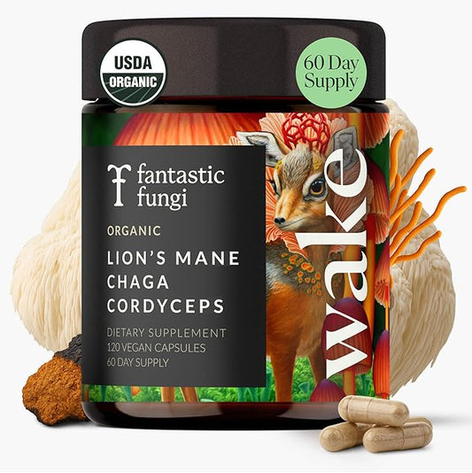 Mushroom Supplement with Lions Mane, Chaga & Cordyceps, Focus, Energy & Brain Support, Adaptogens Capsules, 100% USDA Organic Mushrooms Complex Blend - Vegan, Glass Jar 120 Caps, 2 Month Supply