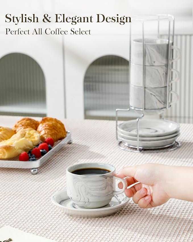 MALACASA 8 OZ Porcelain Espresso Cups with Saucers and Metal Stand Set of 4, Stackable Cappuccino Cups, Marble Gray Expresso Shots Cup Set for Coffee Drinks, Latte, Tea
