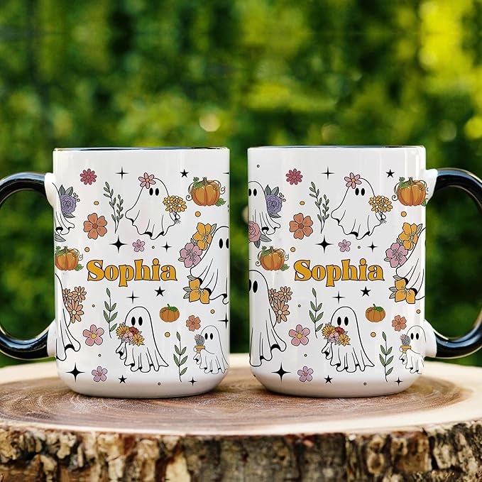 Personalized Halloween Ghost Mug Cute Floral Spooky Cup Halloween-Birthday Gift For Girls From Friends-Coworkers Name Printed Adorable Ghosts With Flowers Ceramic Coffee Mug
