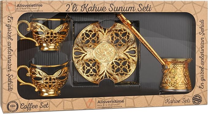 Alisveristime Turkish Coffee Set for Two, 2 Black Gilded Porcelain Cups with Zamac Holders and Saucers, Metal Tray, Lale Motif Zamac Coffee Pot (Black Gilded) (Gold)