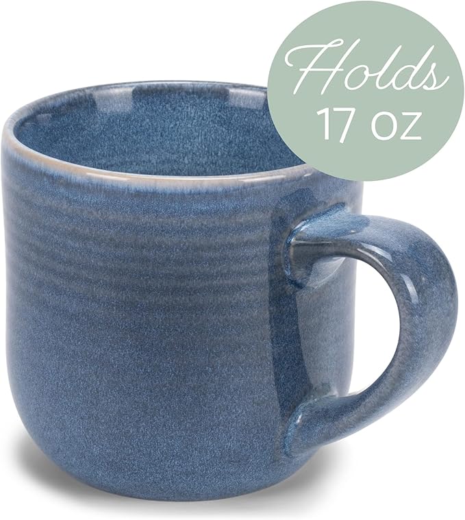Elanze Designs Glossy Reactive Glaze Large 17 Fluid Ounce Everyday Kitchen Food Grade Ceramic Stoneware Coffee Mug Cup with Comfort Curved Handles, Set of 4, Cobalt Blue