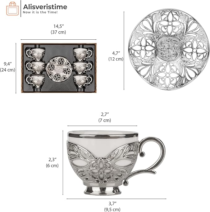 Alisveristime Turkish Coffee Set for Six, 6 White Porcelain Cups with Gilded, Zamac Holders and Saucers, Two Color Variations: Gold and Silver (Gilded-Design) (Silver)