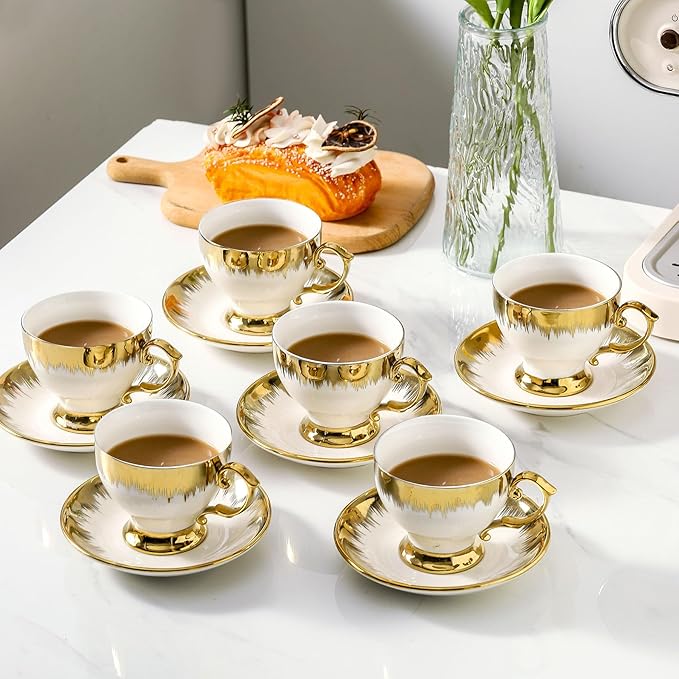 LETAOTAO Tea Cups and Saucers Set of 6, 7 oz Ceramic Turkish Coffee Cup With Gold Trim for Cappuccino, Latte, Mocha, Au Lait, Double Espresso, White