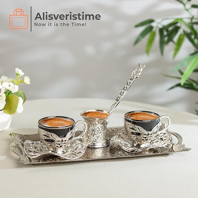 Alisveristime Turkish Coffee Set for Two, 2 Black Gilded Porcelain Cups with Zamac Holders and Saucers, Metal Tray, Lale Motif Zamac Coffee Pot (Black Gilded) (Silver)