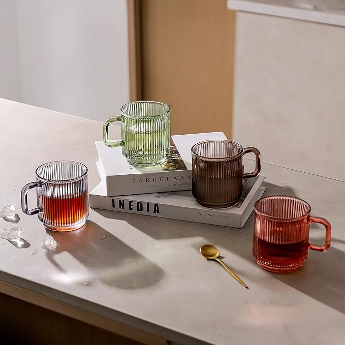 Lysenn Glass Coffee Mug with Lid - Premium Classical Vertical Stripes Glass Tea Cup - for Latte, Tea, Chocolate, Juice, Water - Lead-Free - Bamboo Lid - Lime Green