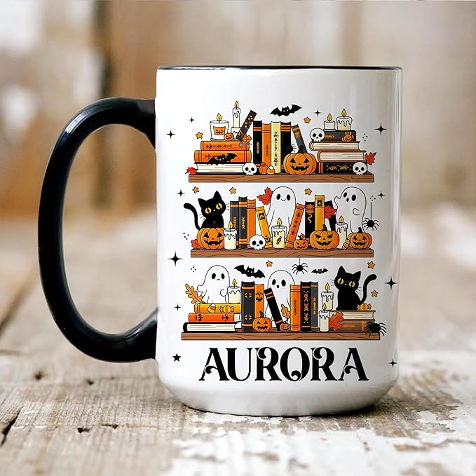 Personalized Halloween Book Lover Coffee Mug – Custom Cute Ghost and Black Cat Cup with Pumpkin Bookshelf Design – Fall Coffee Mug for Women, Spooky Bookish Gift for Readers
