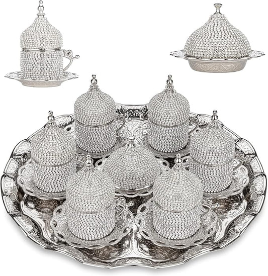 Alisveristime Crystal Embellished Turkish Coffee Set – 27 Pieces – Decorative Zamac Espresso Cups, Saucers and Sugar Bowl with Tray – Available in Three Color Variations (Silver)