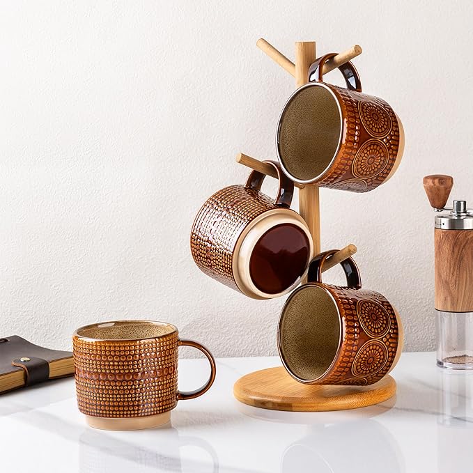 GBHOME 12OZ Stackable Coffee Mugs, Ceramic Coffee Mugs with Texture Patterns for Man,Woman,Dad,Mom, Modern Coffee Mugs Set of 4 for Latte/Cappuccino/Cocoa. Dishwasher&Microwave Safe