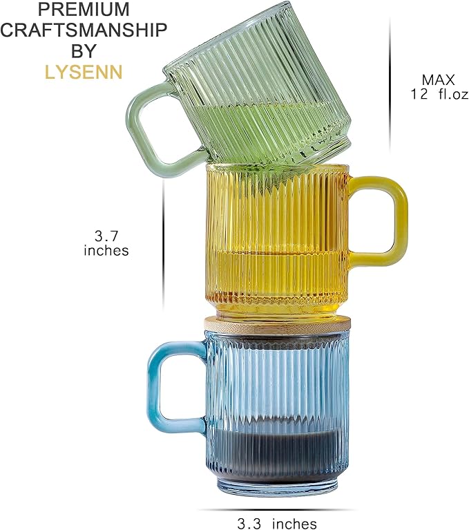 Lysenn Glass Coffee Mug with Lid - Premium Classical Vertical Stripes Glass Tea Cup - for Latte, Tea, Chocolate, Juice, Water - Lead-Free - Bamboo Lid - Lime Green