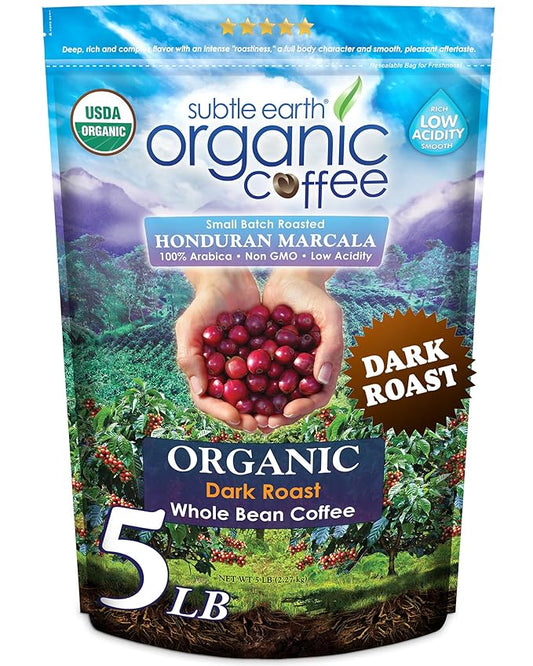 Subtle Earth Organic Coffee - Dark Roast - Whole Bean Coffee - 100% Arabica Beans - Low Acidity and Non-GMO - 5lb bag