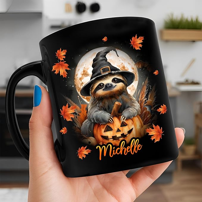 Hyturtle Personalized Halloween Sloth Mug - Sloth Gift For Women Lover - Wild Animal Lover Gift For Her Daughter - Spooky Season Decor For Fall Season Halloween - Coffee Cup Ceramic Mug 11 oz 15 oz