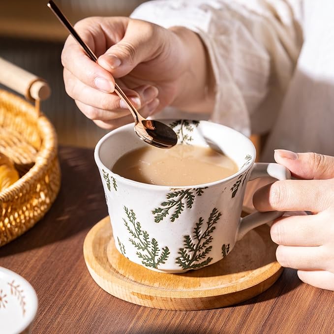 Mug Set of 2 Coffee Mugs Set 11 Ounce, Porcelain Cups for Latte, Hot Tea, Cappuccino, Cocoa, Soup, Dishwasher, Microwave Safe, Christmas Gift Set (Bean leaf & Vines)