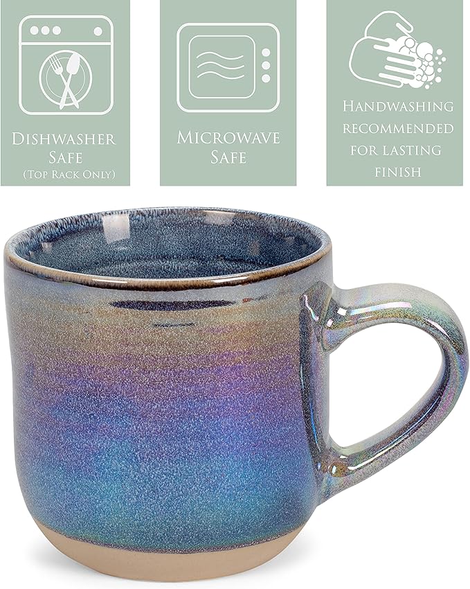 Elanze Designs Glossy Reactive Glaze Large 17 Fluid Ounce Everyday Kitchen Food Grade Ceramic Stoneware Coffee Mug Cup with Comfort Curved Handles, Set of 4, Purple Rainbow