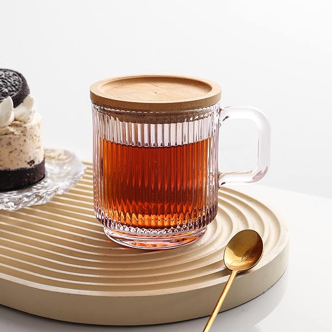 Lysenn Pink Glass Coffee Mug with Lid - Premium Classical Vertical Stripes Glass Tea Cup - for |Latte|Tea|Chocolate|Juice|Water| - Unleaded - Bamboo Lid - 12.5 Ounces