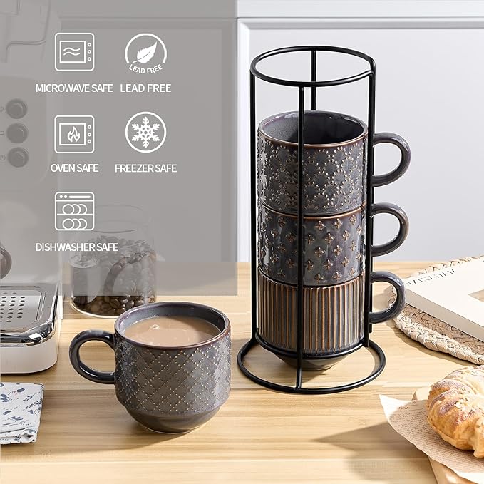 JIEMEI HOME Large Ceramic Coffee Mug Set of 4 with Stand, 15 Oz Stackable Embossment Ribbed Latte Cup Set for Cappuccino, Latte, Tea, Hot Cocoa, Drinks - Dishwasher & Microwave Safe, Dark Purple