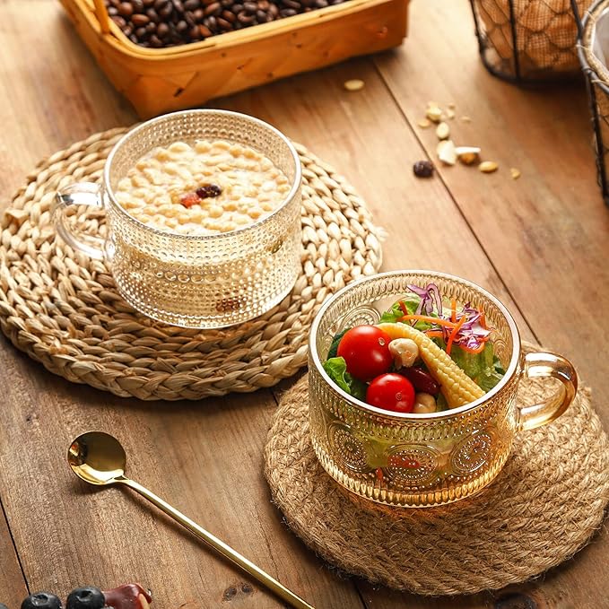 WHJY Vintage Glass Coffee Mugs with Spoon, Set of 2 espresso ribbed glass coffee cup，Embossed Tea Cups, Esthetic Tea Cups for Cappuccino, Latte, Hot Beverages, 14 oz