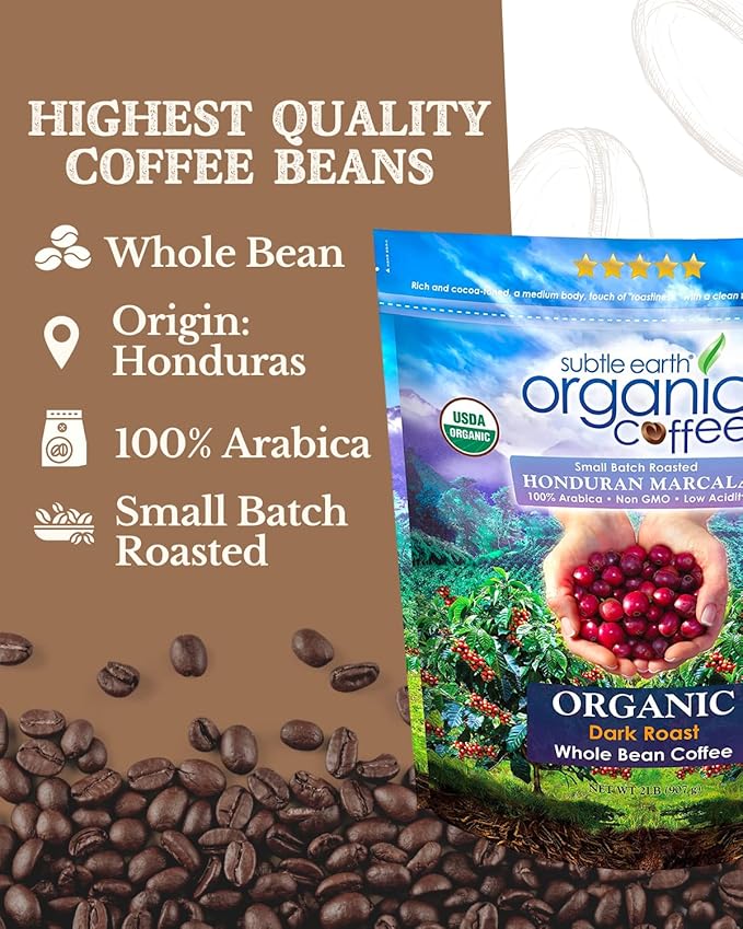 2LB Subtle Earth Organic Coffee - Dark Roast - Whole Bean Coffee - 100% Arabica Beans - Low Acidity and Non-GMO - 2lb bag