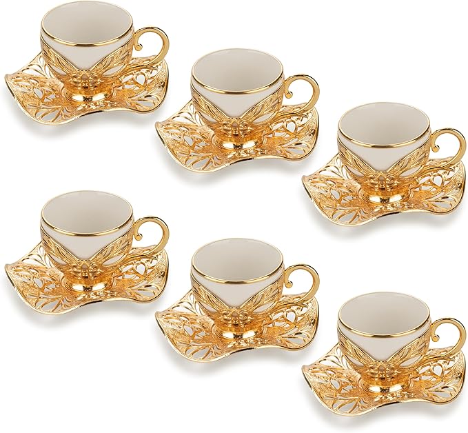 Alisveristime Turkish Coffee Set for Six, 6 White Porcelain Cups with Gilded, Zamac Holders and Saucers, Two Color Variations: Gold and Silver (Gilded-Design) (Gold)