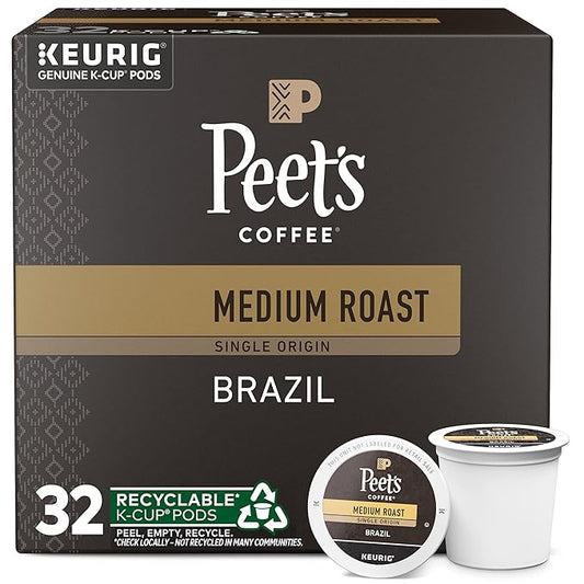 Peet's Coffee, Medium Roast Keurig K-Cup Pods - Single Origin Brazil 32 Count (1 Box of 32 K-Cup Pods)
