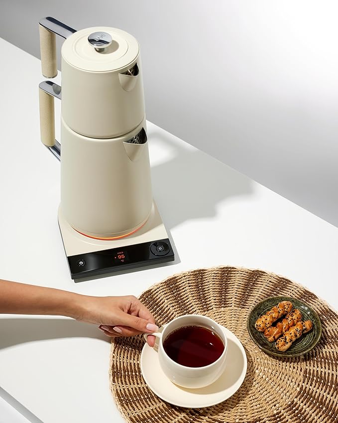 SAKI TeaSmart Electric Turkish Tea Maker, 110V Double Pot Electric Tea Kettle, 304 Stainless Steel BPA Free Turkish Tea Set, LED Indicator, Auto Shut-Off & Boil-Dry Protection, 1.75L, (Pearl White)