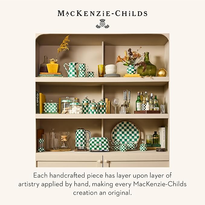 MACKENZIE-CHILDS Espresso Cup and Saucer Set, Cute Small Coffee Cups and Saucers, Set of 2, Green-and-White Emerald Check