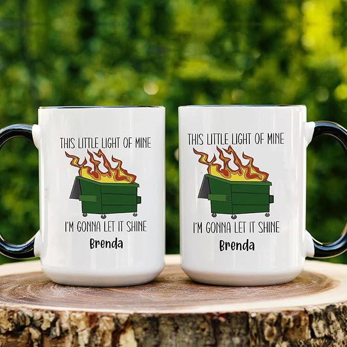 Personalized Funny Dumpster Fire Coffee Mug – Custom Name Cup with Quote “This Little Light of Mine I’m Gonna Let It Shine” – Unique Gag Gift, White Elephant Christmas Cup
