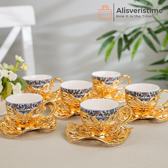 Alisveristime Turkish Coffee Set for Six, 6 Topkapi Design Porcelain Cups with Zamac Holders and Saucers, Two Color Variations: Gold and Silver (Topkapi-Design) (Gold)