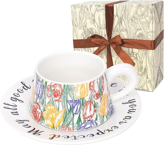 Colorful Tulip Ceramic Coffee Cup and Saucer Set, Floral Printed Tea Cup with Gift Box for Home, Café, Office, Thanksgiving Gift for Women