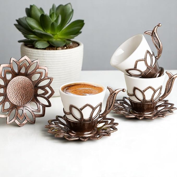 Alisveristime (Set of 6 Turkish Coffee Set with Porcelain Cups, Zamac Holders & Saucers – 80ml Capacity, Ottoman Motif, 4 Color Options (Brown)