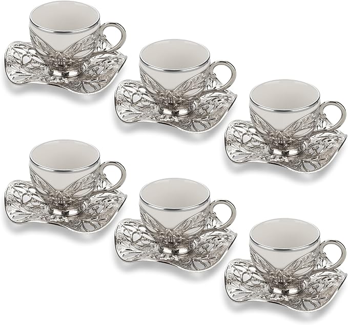 Alisveristime Turkish Coffee Set for Six, 6 White Porcelain Cups with Gilded, Zamac Holders and Saucers, Two Color Variations: Gold and Silver (Gilded-Design) (Silver)