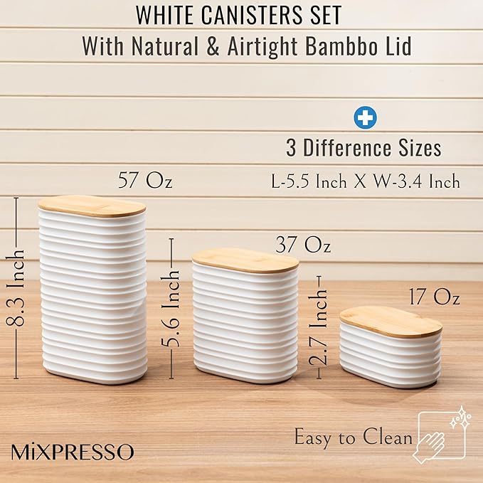 Mixpresso White Canisters Sets for the Kitchen – 3-Piece Airtight Plastic Sugar Container Set with Bamboo Lids in Three Different Sizes – Decorative Modern Storage Jars for Coffee, Tea & Countertops