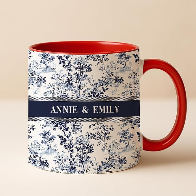 Personalized Best Friend Mug – Custom Name Floral Design, Birthday, Anniversary, Going Away Gifts for Best Friends, Chinoiserie Toile de Jouy Ceramic Mug