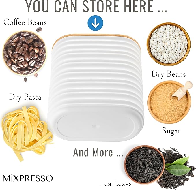 Mixpresso White Canisters Sets for the Kitchen – 3-Piece Airtight Plastic Sugar Container Set with Bamboo Lids in Three Different Sizes – Decorative Modern Storage Jars for Coffee, Tea & Countertops