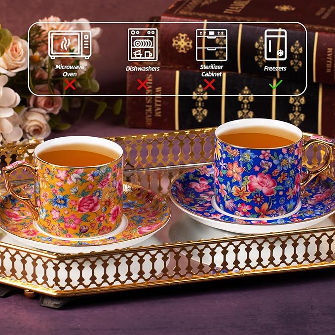 KAMMAK Tea Cups and Saucers Set of 2, Ceramic Coffee Cup with Saucer for Espresso, Cappuccino, 7oz Vintage Yellow and Blue Floral Porcelain Demitasse Mug for Home, Tea Party, Office