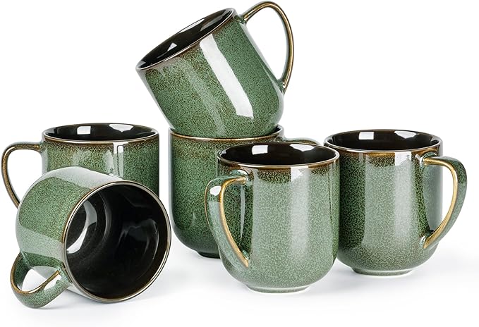 LERATIO 12OZ Ceramic Coffee Mugs Set of 6, Large Porcelain Coffee Cups With Large Handle For Latte,Cappuccino,Milk,Cocoa,|Dishwasher&Microwave Safe Mug Sets,Ideal for Man,Woman,Dad, Mom-Green